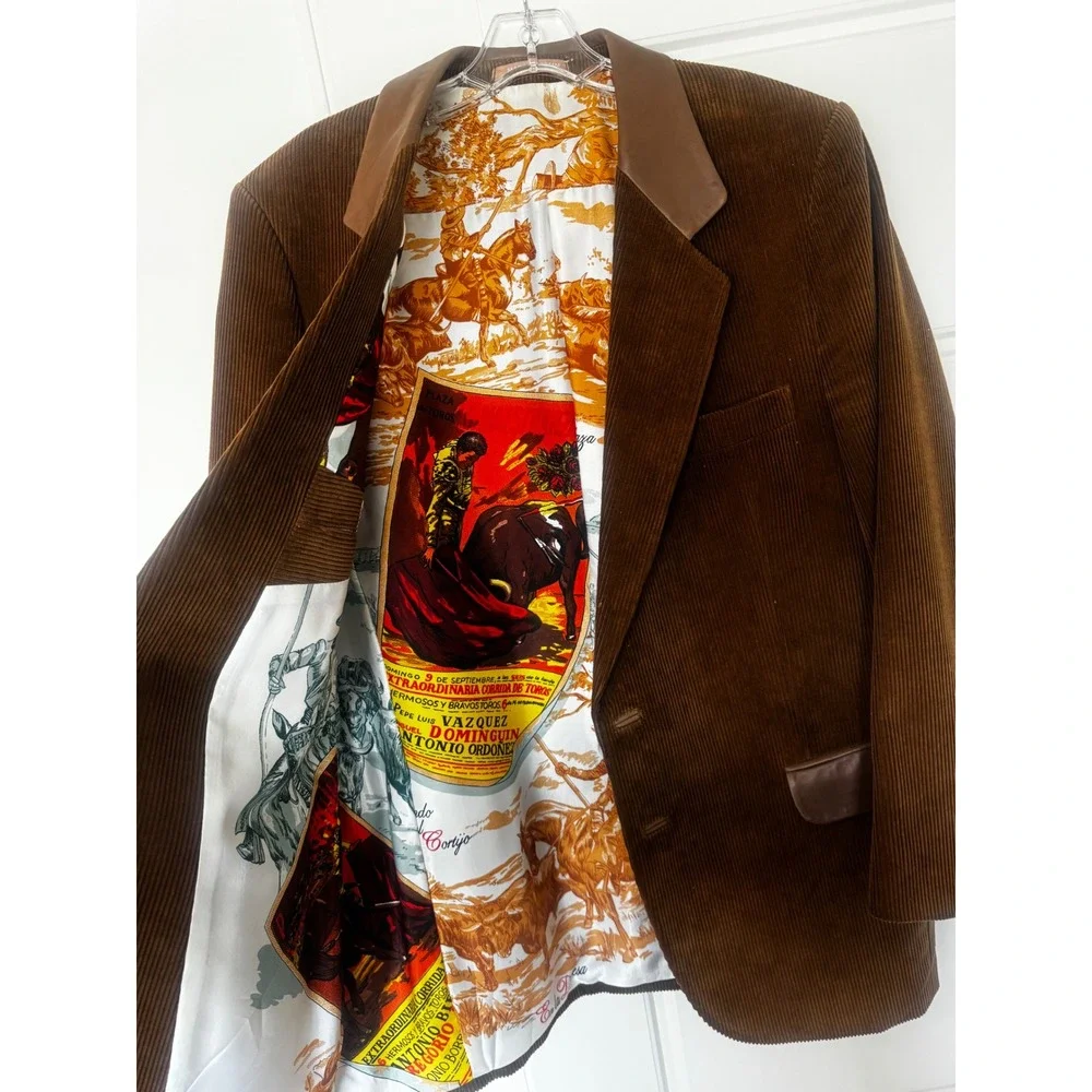 Vintage 70s Cortefiel Brown Corduroy Blazer Leather Trim Status Print Lining 42